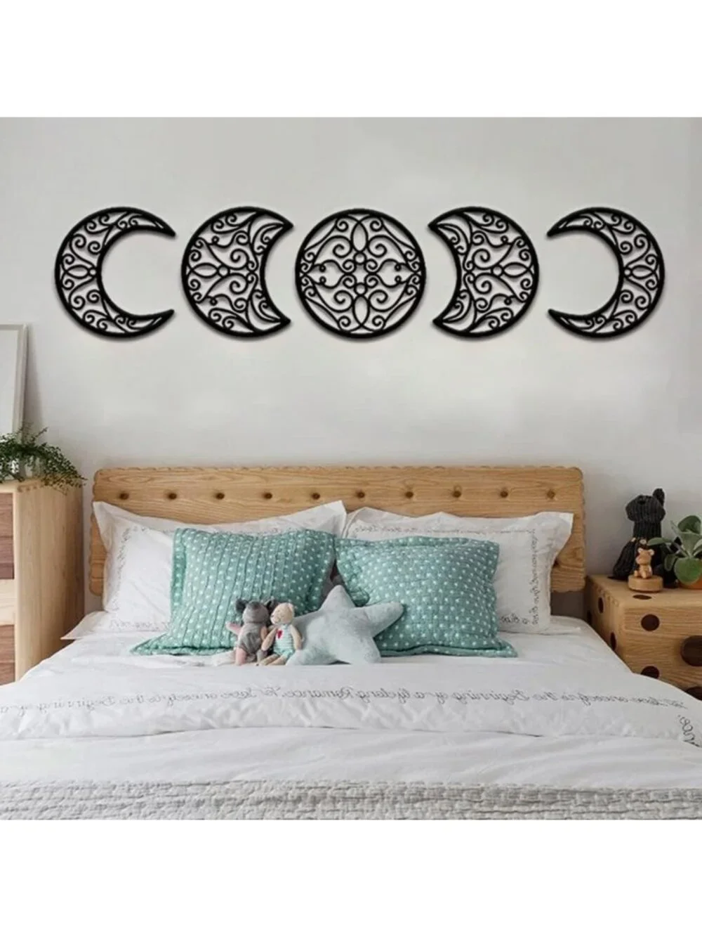 Boho Moon Phase Wall Art Set - 5 Piece Natural Wood Hanging Decor for Bedroom